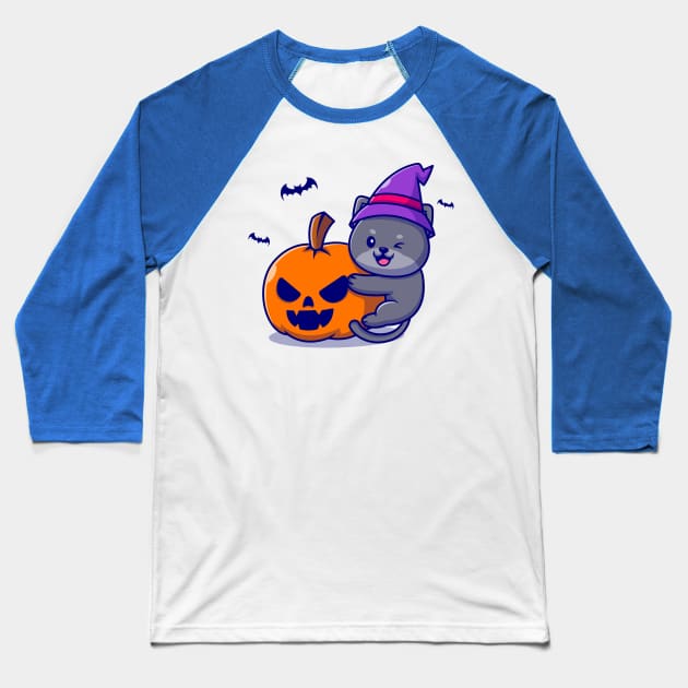 Cute Witch Cat Hug Pumpkin Halloween Cartoon Baseball T-Shirt by Catalyst Labs